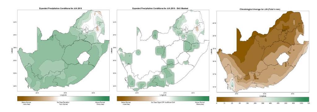 June-July-August (JJA) 2018 seasonal rainfall prediction without skill taken into account (left), as well as skill masked out (middle).