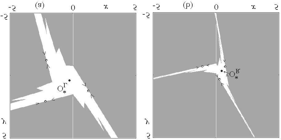Bifurcations on the Poincaré Equator 61 Figure 3: Two dimensional phase plane at δ r = δ l = 0.9, τ l = 0.3, τ r = 1.85 fixed. In (a) µ = 1, the stable fixed point OL is the unique attractor.