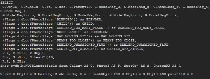 Figure 3: This SQL query is requesting data on not blended galaxies where both