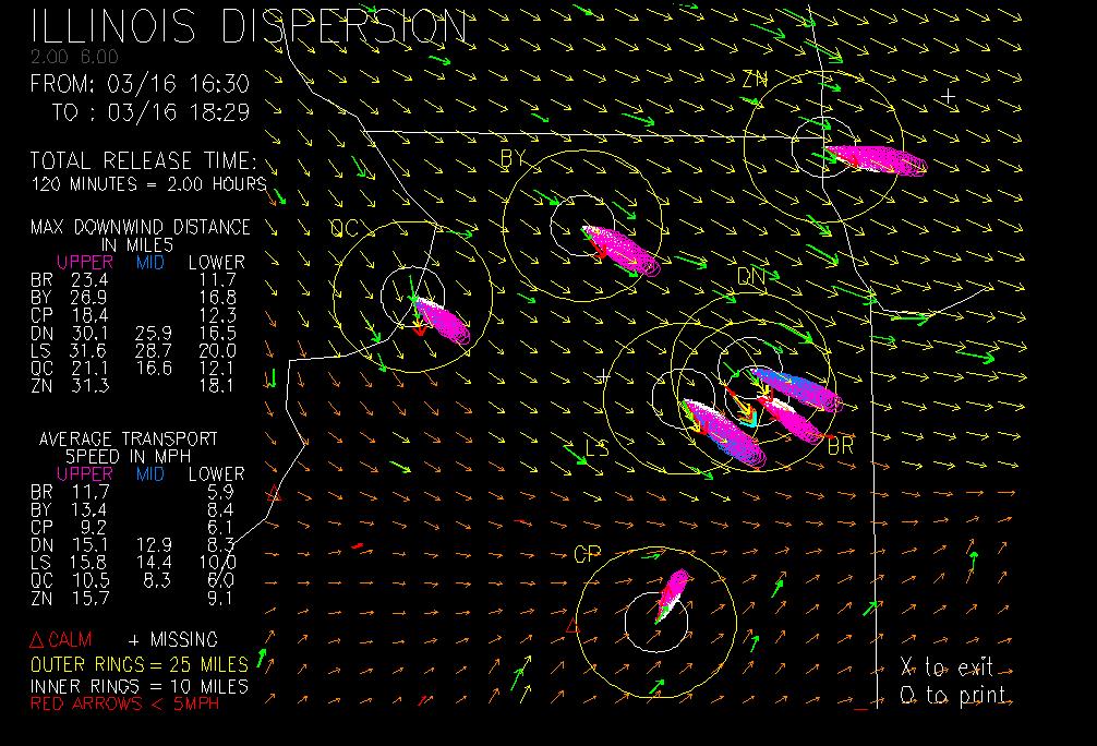 Figure 1. Potential dispersion and transport from Illinois nuclear power plants. data to overlay a regularly spaced wind velocity field on the display.