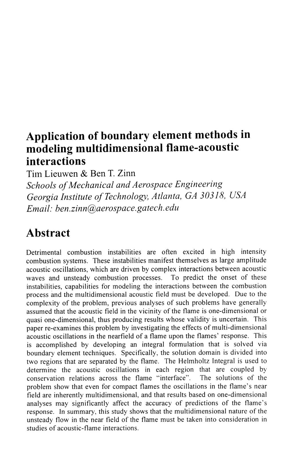 Application of boundary element methods in modeling multidimensional flame-acoustic interactions Tim Lieuwen & Ben T.