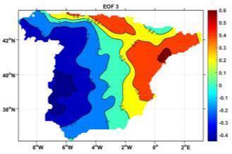 58% of the variance, corresponds to some regions from the west and northeast. FIGURE 1. Maps of the first three EOFs corresponding to the autumn precipitation.