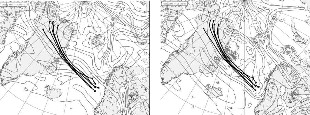 18 T. E. Nordeng and B. Røsting Figure 11. Isentropic potential vorticity (PV) and trajectories starting at +36 h, i.e. 1 UTC November, on the 3 K surface shown in solid contours for every 1 PVU.