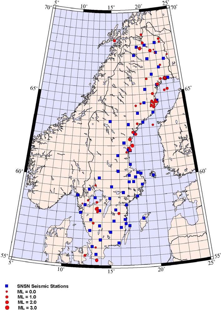 Figure 3-2. Earthquake activity in Sweden during July through September2009. 3.1 July An event list for July is given in Table 3-1 with date, time (UTC), latitude, longitude, X ( km), Y ( km), depth and local magnitude (M L ).