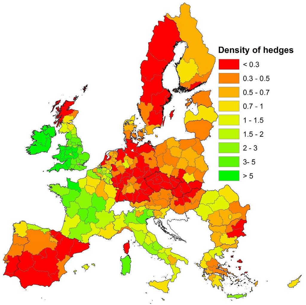 Figure 1. Estimated density of hedges per region in the EU in km/km 2. 4.1 Changes of linear elements.