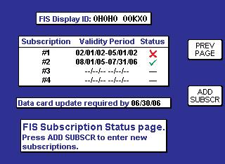 CHECKING VDL SUBSCRIPTIONS Symbol Status Description Unknown Future Valid Almost Expired Expired The system time is not known or no subscription is programed.