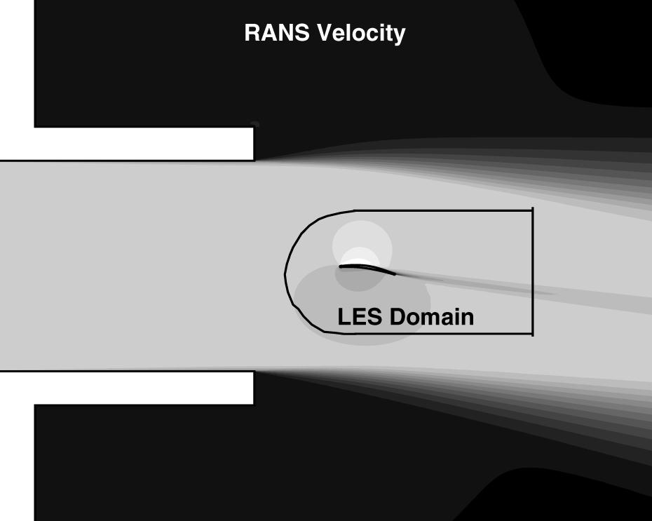 18 LES prediction of wall-pressure fluctuations and noise of a low-speed airfoil Figure : Schematic of LES domain embedded in a RANS solution field. The contours, ranging from.4 (dark) to 1.