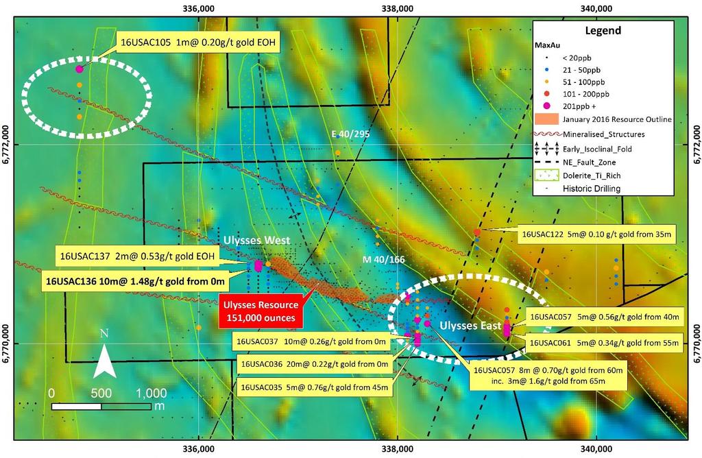 Ulysses West Significant shallow mineralisation has been intersected at Ulysses West in hole 16USAC136 which returned 10m @ 1.50 g/t gold from 0m.