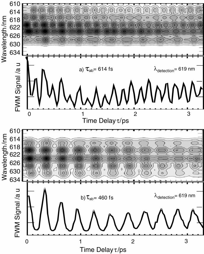 FEMTOSECOND SPECTRALLY DISPERSED 3-PULSE 4-WAVE MIXING 45 Figure 2. Spectrally dispersed time-resolved experimental data for three-pulse FWM.
