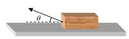 A block is in contact with a rough surface as shown in the drawing. The block has a rope attached to one side. Someone pulls the rope with a force, which is represented by the vector in the drawing.