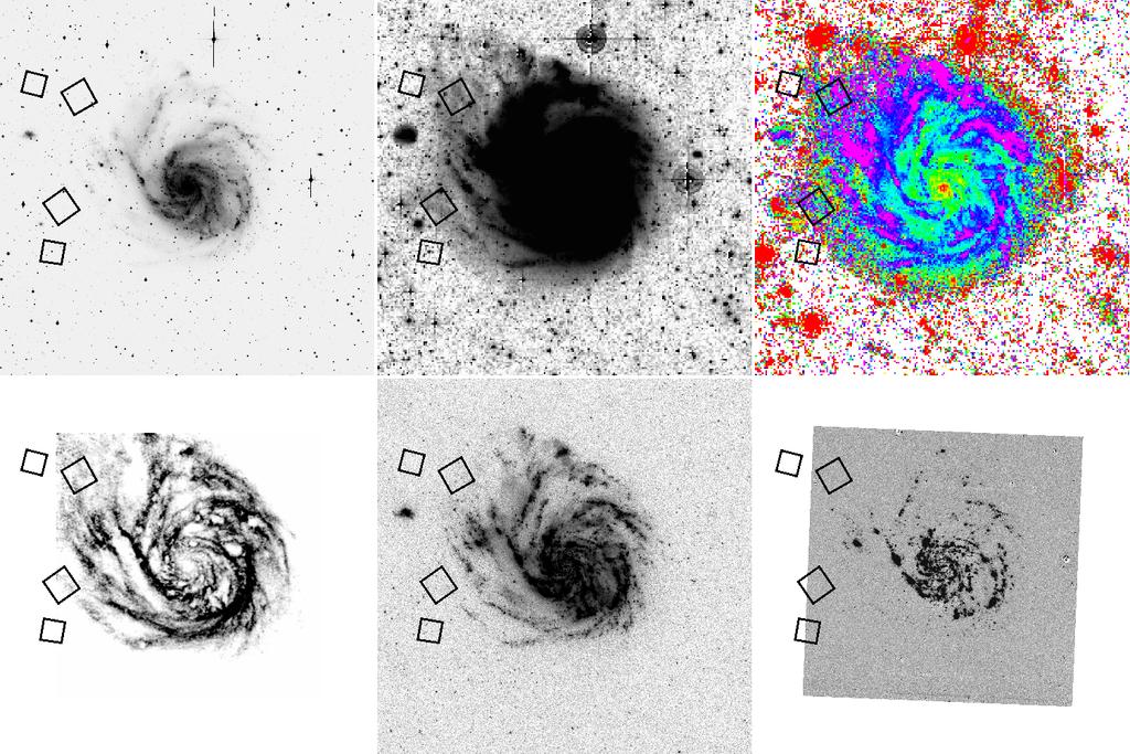 NE Plume Fields E Spur Fields Op2cal Deep Op2cal B- V Color HI intensity Far UV Hα intensity Figure 2: Multiwavelength view of M101, with our planned HST fields overlaid. Top left: Our B-band image.