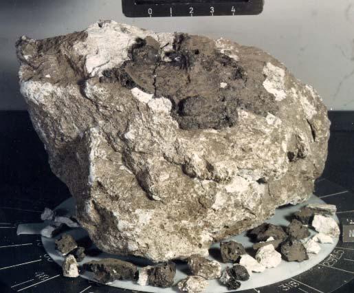 60025 Ferroan Anorthosite 1836 grams Figure 1: 60025. NASA #S72-41586. Cube and scale are 1 cm. Note the thick black glass coating and numerous micrometeorite pits.