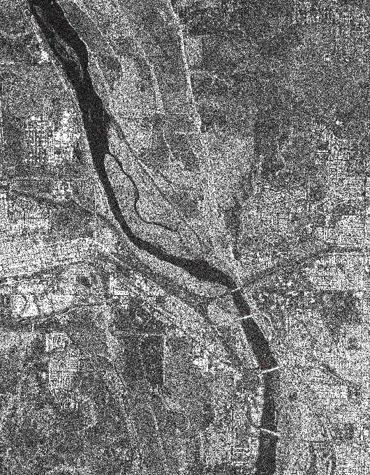 Figure 7 and 8. Subscenes of RADARSAT image acquired on February 5, 2002 (1800 local time) at Bismarck, ND.