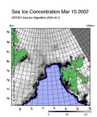 6 Figure 5. Sea ice border in the Greenland Sea and Fram Strait in March 2002. (Based on NOAA satellite data processed by the University of Bremen).