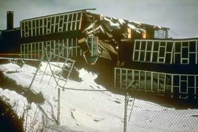 Damage to a school in Anchorage, Alaska, caused by the 1964 Prince William Sound earthquake.