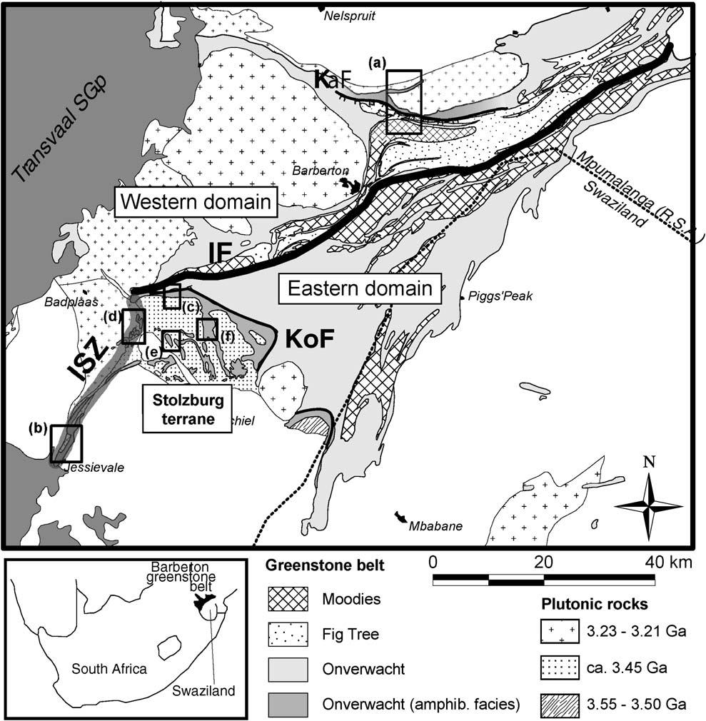 2 Chapter 5.7: Metamorphism in the Barberton Granite Greenstone Terrain Fig. 5.7-1. Geological map of the Barberton greenstone belt (modified after Anhaeusser et al. (1981)).