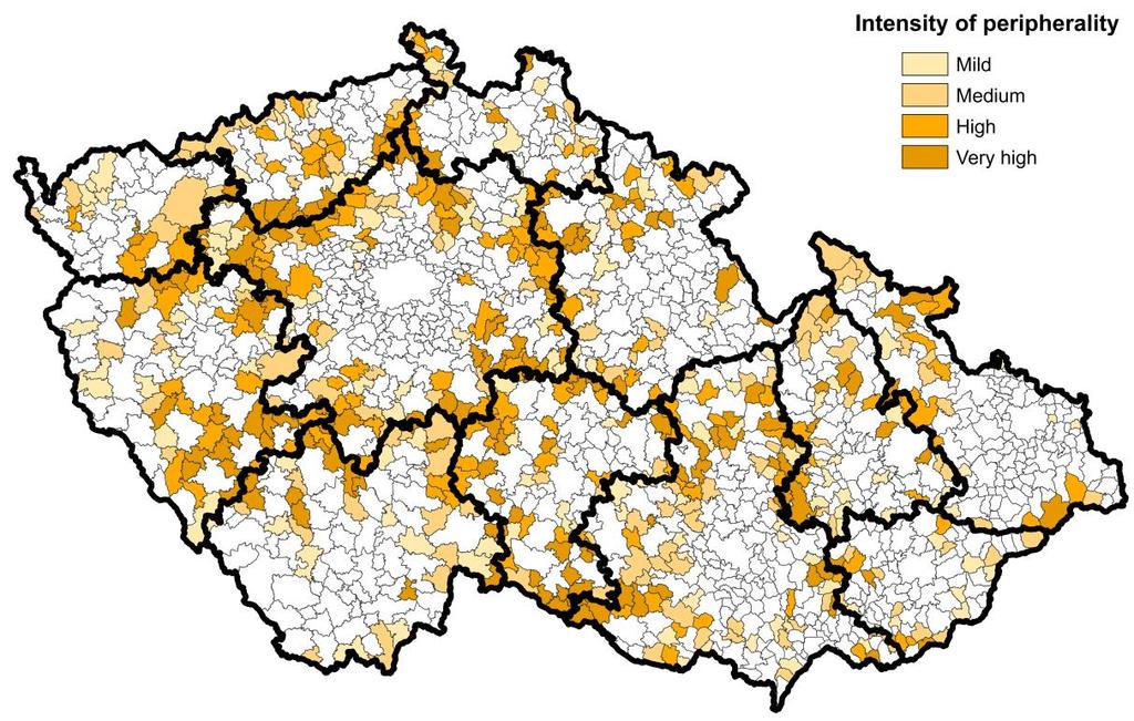 Fig. 3: Human geographical mezzo regions of the Czech Republic according to total commuting flows vs. peripheral areas Source: Matyáš et al., 2007; Hampl, 2005; authors elaboration. Fig.