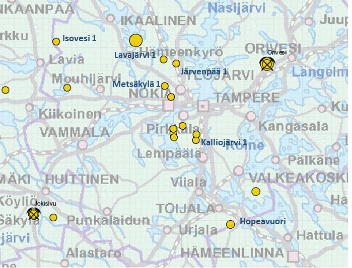 Tampere area Au deposits highlights Au deposits in Tampere area yellow dots refer to know deposits Dragon Mining operates two gold mines, Orivesi and Jokisivu and has a concentrating plant in Vammala