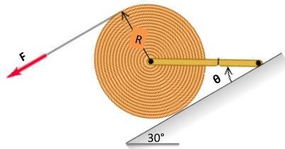 Problem 3 (20 points): A large roll of paper of mass m and radius R rests on the rough surface and is held by a massless cable attached to a rod through the center of the roll.