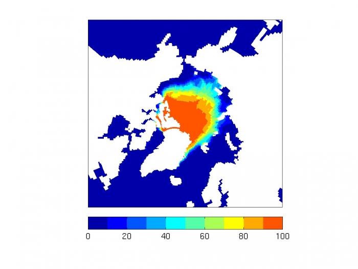 Figure above is sample of SIP (i.e., ensemble mean SIE) in percent for a random year from CESM1.1. 2. Provide a spatial map of the first ice-free date (IFD; Julian Day when SIC<15% or SIE=0%) in 2015.