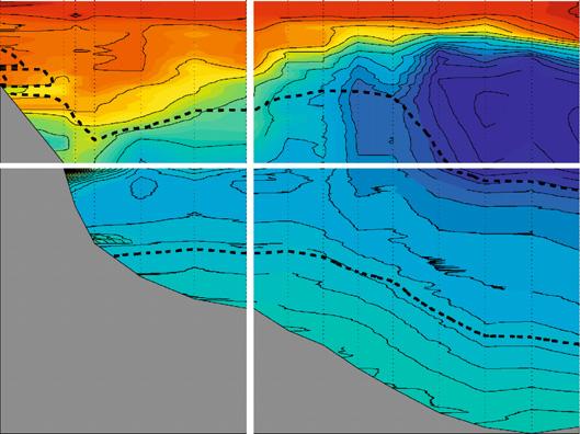 There are strong horizontal gradients in temperature, salinity and oxygen at each of these latitudes, and this section represents the greatest southward extent of CDW in the survey region.
