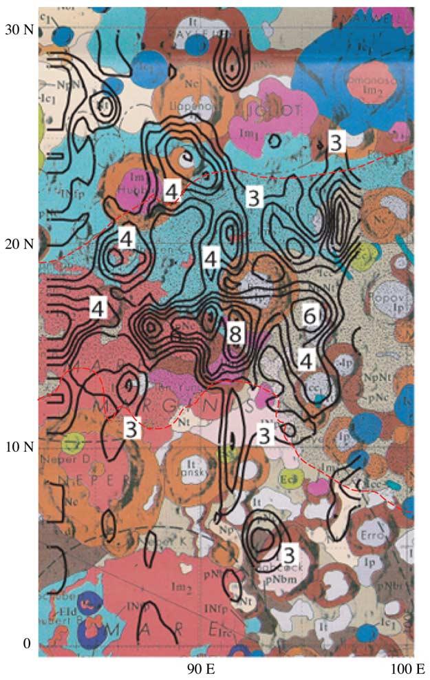 Figure 3. Magnetic field contour map of the Orientale antipode overlaying a geologic map of the area. The contour interval is 1 nt, starting at 3 nt.