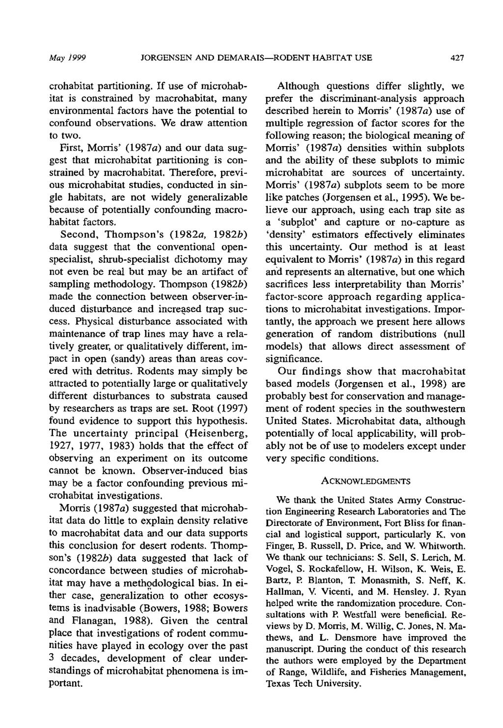 May 1999 JORGENSEN AND DEMARAIS-RODENT HABITAT USE 427 crohabitat partitioning. If use of microhabitat is constrained by macrohabitat.