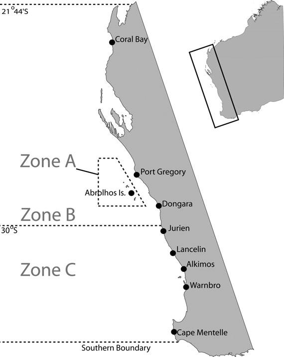 i50 S. de Lestang et al. Figure 1. Location of current (2013/2014) puerulus settlement sites along the coast and the different fishery zones (A, B, and C) operating in the fishery.