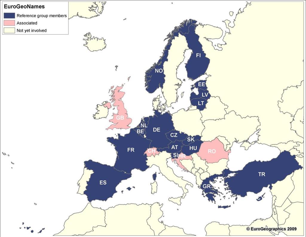Figure 1: Participating and associated National Mapping and Cadastral Agenicies (NMCAs) The official geographical names data kept decentrally in the EU countries is linked to and searchable via