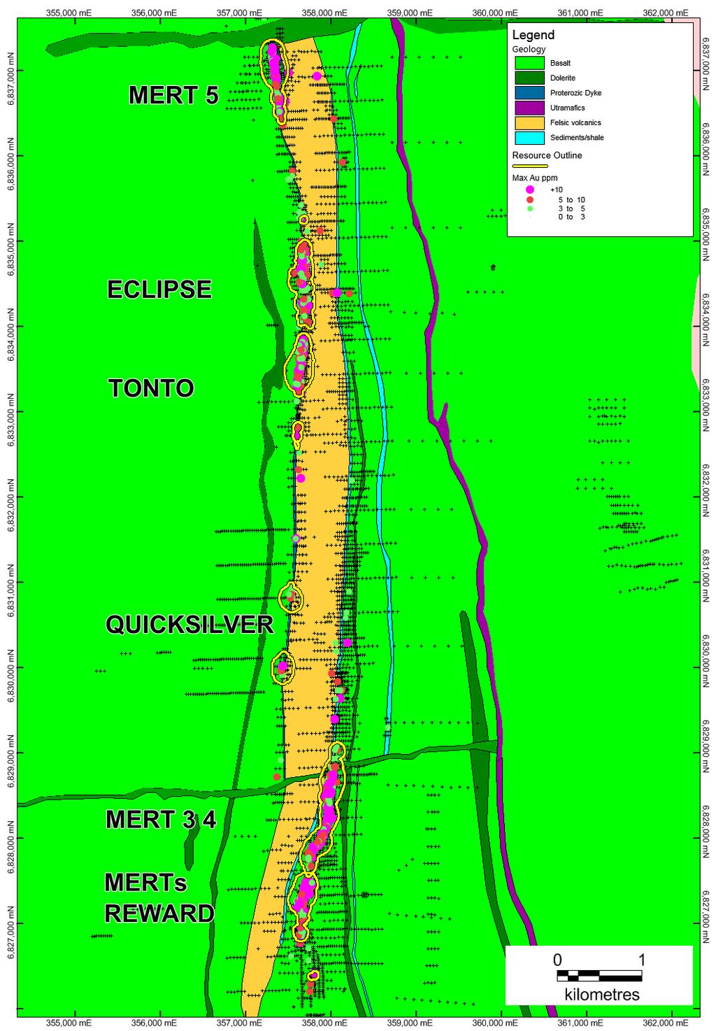 Exploration Target Outline Figure 2 Plan view of the Mertondale Mining Centre highlighting previous drilling with Maximum down hole gold along the east and western margin of the Mertondale Shear Zone