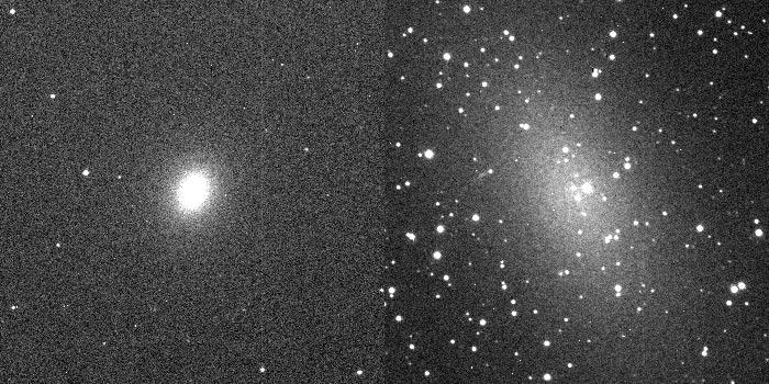Figure 1. A comparison of an elliptical and a dwarf elliptical galaxy with similar luminosities but very different structures, both companions to M32. Left: M31.