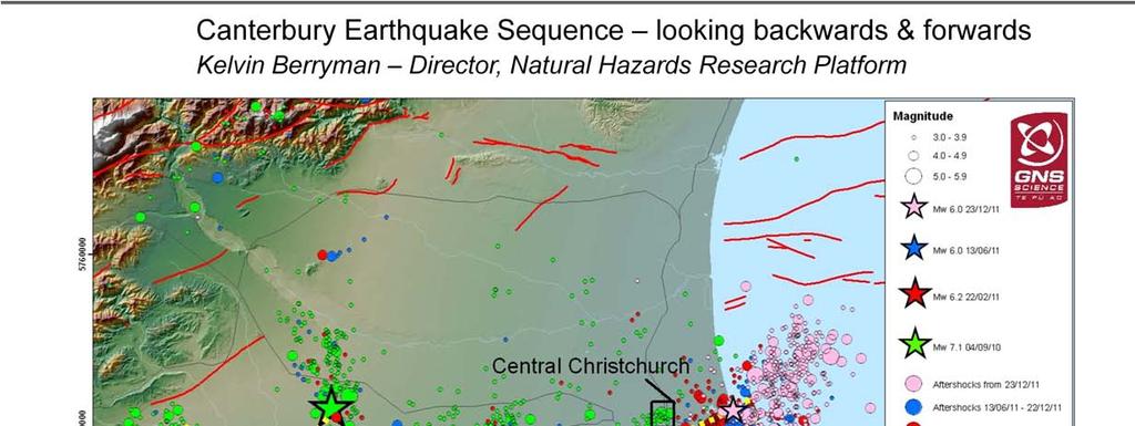 Slide 1: Earthquake sequence (with colour coding around big events and subsequent period).