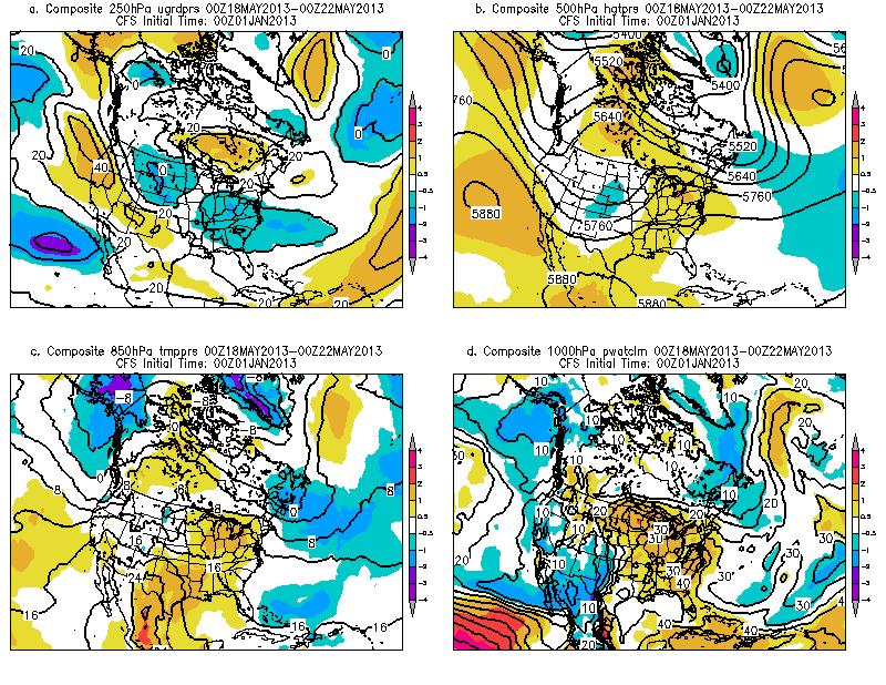 Figure 2. CFS composite mean pattern and anomalies computed from 6-hourly data from 0000 UTC 18 through 0000 UTC 22 May 2013.