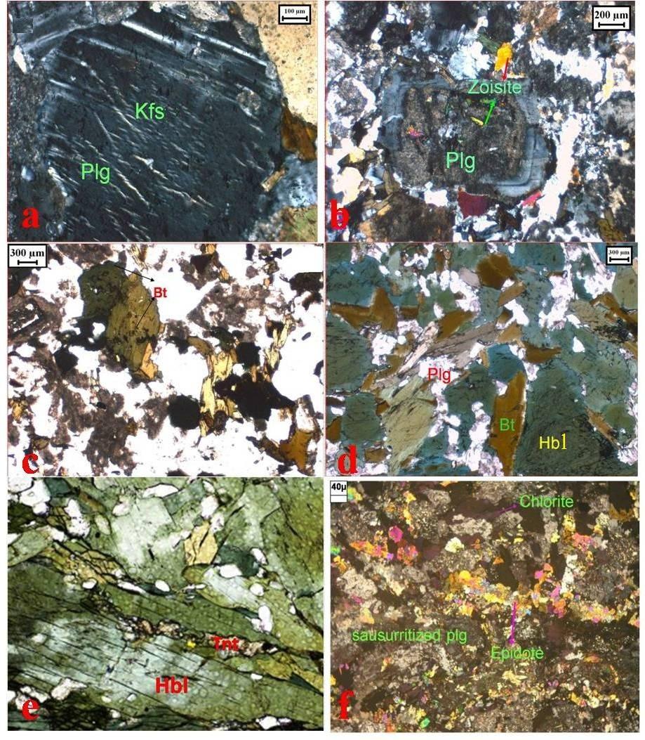 Fig.3.6 Photomicrographs taken from the thin sections showing, antiperthite texure in KIL-26 (Fig.a), occurrence of zoisite and saussuritized plagioclase phenocryst in KIL-26 (Fig.