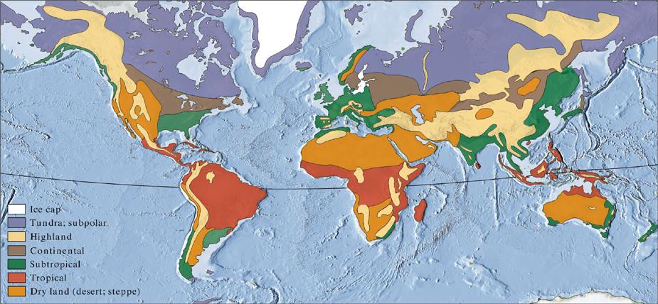 polar ice, subpolar Tundra, subtropical (temperate), dry land (desert), tropical plus: highland, continental see Fig 11.