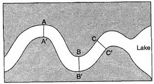 21. The map below represents a meandering stream flowing into a lake.