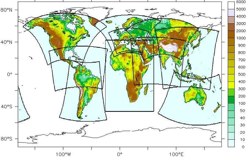 Coordinated Regional climate Downscaling Experiment (CORDEX) 12 domains with a resolution of 0.44 x 0.44 (approx.