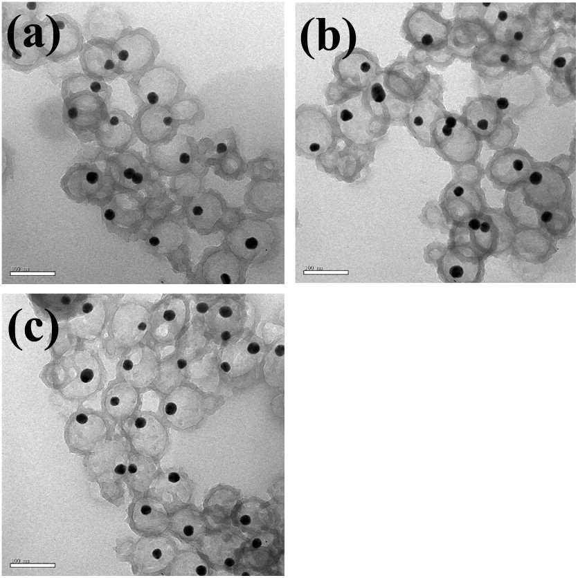 Fig. S3 TEM images of Au/POMA yolk/shell nanostructures derived from Au/POMA core/shell nanostructures (Fig.