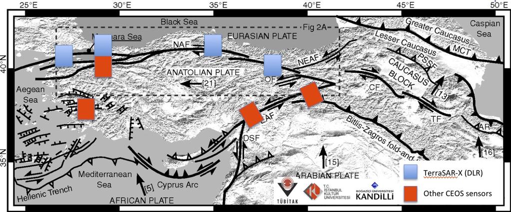 Figure 4. Turkey Natural Laboratory for geohazards. TerraSAR-X is imaging several sites along the North Anatolian fault (NAF). The other sites will be imaged using other CEOS sensors.