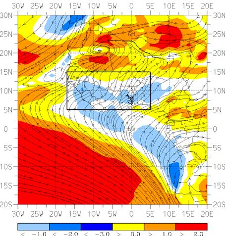 Fig. 4 gives the mean August wind for SFC to 850 hpa as streamlines, and the wind force anomaly for 988 minus 979-200.