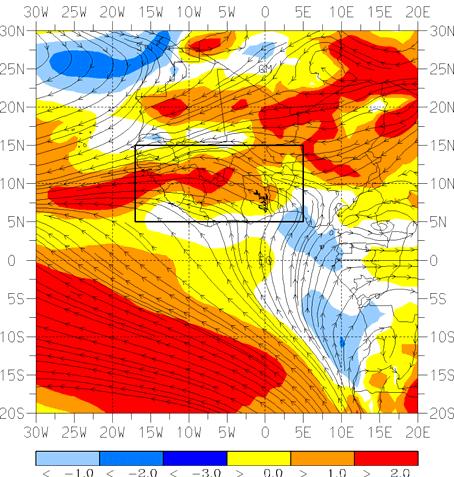 FIG. 9: Streamlines: Mean SFC to 850 hpa wind for October 2005. Colouring: Wind force anomalies 0/2005 minus 0/979-200 in m/s. FIG.