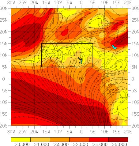 Sign convention: Positive indicates stronger moisture flux convergence than average. 4.3 2006 - dry FIG. 0: Streamlines: Mean SFC to 850 hpa wind for October 979-200.