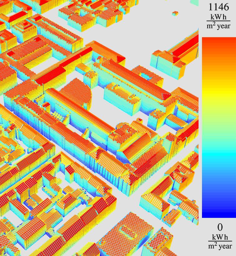 Lehrstuhl für Geoinformatik Solar Potential Simulation Simulation tool developed by Chair of Geoinformatics, TU Munich Operates on the CityGML standard Estimates solar energy production for the roofs