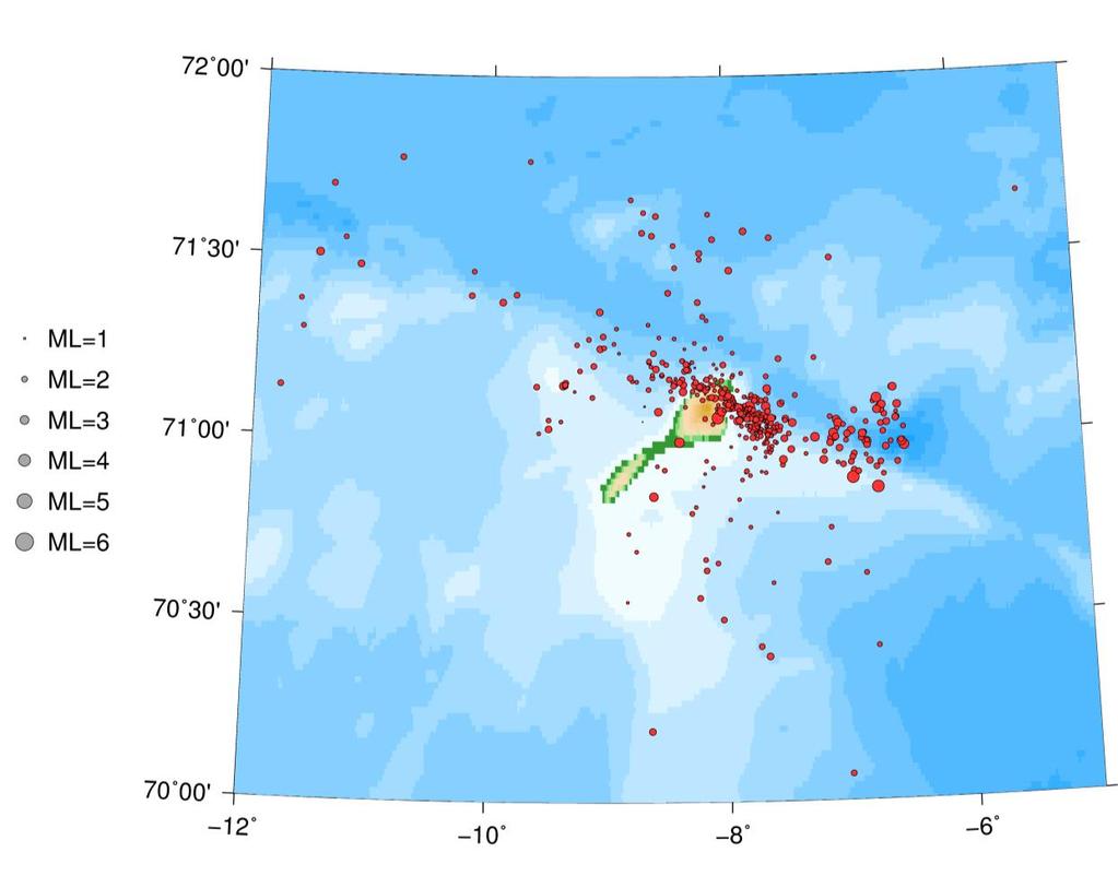 Figure 14. Earthquakes located in the vicinity of Jan Mayen during 2015. The number of recorded earthquakes in the Jan Mayen area has varied over the last years (Figure 15).