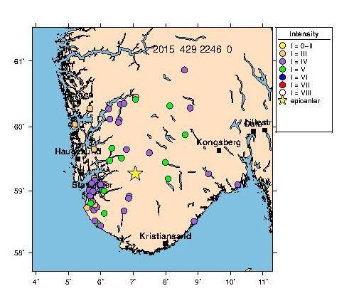 Figure 19. Reported intensities for the earthquake 29 th April at 22:46. The yellow star marks the instrumental location.
