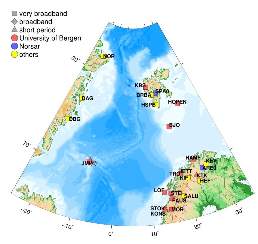 Figure 2. Seismic stations in the arctic area. UiB is in the process of upgrading the NNSN by changing short period (SP) to broadband (BB) seismometers.