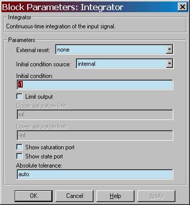 Double click on the Integrator Block and set the parameter for the initial condition.
