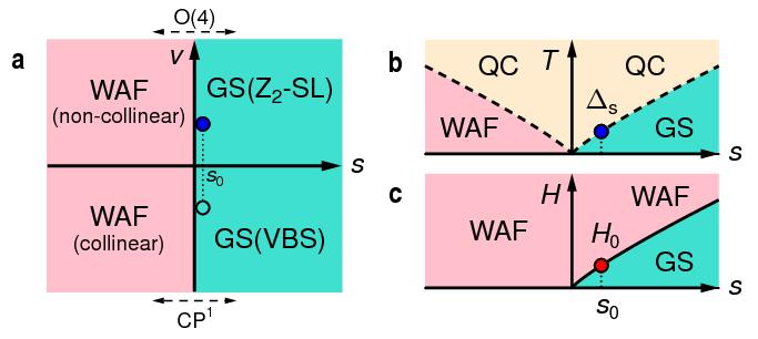 Supplementary Figure S3: Xu and Sachdev global phase diagram (a) The global phase diagram for the S=1/2 frustrated triangular lattice quantum antiferromagnet model of Xu and Sachdev 18, expressed in