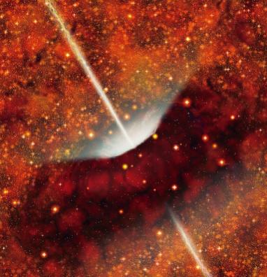 Accretion disk, supermassive BH, beams on axis Central Engine -- artist s