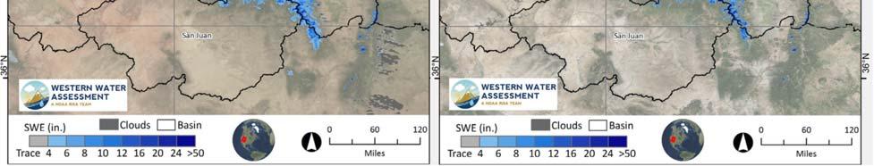 The change map comparing estimated SWE amounts across the Intermountain West from the previous report (left) and the most recent report (right) (April